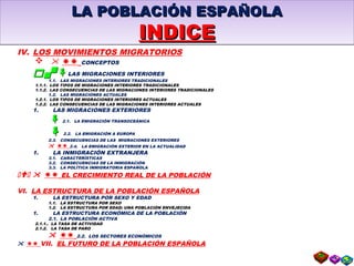 LA POBLACIÓN ESPAÑOLALA POBLACIÓN ESPAÑOLA
INDICEINDICE
LA POBLACIÓN ESPAÑOLALA POBLACIÓN ESPAÑOLA
INDICEINDICE
IV. LOS MOVIMIENTOS MIGRATORIOS
   CONCEPTOS
1.1.LAS MIGRACIONES INTERIORES
1.1. LAS MIGRACIONES INTERIORES TRADICIONALES
1.1.1. LOS TIPOS DE MIGRACIONES INTERIORES TRADICIONALES
1.1.2. LAS CONSECUENCIAS DE LAS MIGRACIONES INTERIORES TRADICIONALES
1.2. LAS MIGRACIONES ACTUALES
1.2.1. LOS TIPOS DE MIGRACIONES INTERIORES ACTUALES
1.2.2. LAS CONSECUENCIAS DE LAS MIGRACIONES INTERIORES ACTUALES
1. LAS MIGRACIONES EXTERIORES
 2.1. LA EMIGRACIÓN TRANSOCEÁNICA
 2.2. LA EMIGRACIÓN A EUROPA
2.3. CONSECUENCIAS DE LAS MIGRACIONES EXTERIORES
  2.4. LA EMIGRACIÓN EXTERIOR EN LA ACTUALIDAD
1. LA INMIGRACIÓN EXTRANJERA
3.1. CARACTERÍSTICAS
3.2. CONSECUENCIAS DE LA INMIGRACIÓN
3.3. LA POLÍTICA INMIGRATORIA ESPAÑOLA
IVI   EL CRECIMIENTO REAL DE LA POBLACIÓN
VI. LA ESTRUCTURA DE LA POBLACIÓN ESPAÑOLA
1. LA ESTRUCTURA POR SEXO Y EDAD
1.1. LA ESTRUCTURA POR SEXO
1.2. LA ESTRUCTURA POR EDAD: UNA POBLACIÓN ENVEJECIDA
1. LA ESTRUCTURA ECONÓMICA DE LA POBLACIÓN
2.1. LA POBLACIÓN ACTIVA
2.1.1.. LA TASA DE ACTIVIDAD
2.1.2. LA TASA DE PARO
  2.2. LOS SECTORES ECONÓMICOS
  VII. EL FUTURO DE LA POBLACIÓN ESPAÑOLA
 