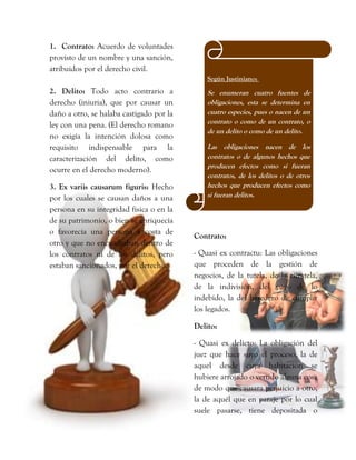 1. Contrato: Acuerdo de voluntades
provisto de un nombre y una sanción,
atribuidos por el derecho civil.
2. Delito: Todo acto contrario a
derecho (iniuria), que por causar un
daño a otro, se halaba castigado por la
ley con una pena. (El derecho romano
no exigía la intención dolosa como
requisito indispensable para la
caracterización del delito, como
ocurre en el derecho moderno).
3. Ex variis causarum figuris: Hecho
por los cuales se causan daños a una
persona en su integridad física o en la
de su patrimonio, o bien se enriquecía
o favorecía una persona a costa de
otro y que no encuadraban dentro de
los contratos ni de los delitos, pero
estaban sancionados, por el derecho.
Contrato:
- Quasi ex contractu: Las obligaciones
que proceden de la gestión de
negocios, de la tutela, de la curatela,
de la indivisión, del pago de lo
indebido, la del heredero de cumplir
los legados.
Delito:
- Quasi ex delicto: La obligación del
juez que hace suyo el proceso, la de
aquel desde cuya habitación se
hubiere arrojado o vertido alguna cosa
de modo que causara perjuicio a otro,
la de aquél que en paraje por lo cual
suele pasarse, tiene depositada o
Según Justiniano:
Se enumeran cuatro fuentes de
obligaciones, esta se determina en
cuatro especies, pues o nacen de un
contrato o como de un contrato, o
de un delito o como de un delito.
Las obligaciones nacen de los
contratos o de algunos hechos que
producen efectos como si fueran
contratos, de los delitos o de otros
hechos que producen efectos como
si fueran delitos.
 