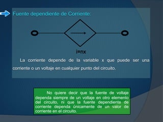 Fuente dependiente de Corriente:
i=nx
La corriente depende de la variable x que puede ser una
corriente o un voltaje en cualquier punto del circuito.
No quiere decir que la fuente de voltaje
dependa siempre de un voltaje en otro elemento
del circuito, ni que la fuente dependiente de
corriente dependa únicamente de un valor de
corriente en el circuito.
 
