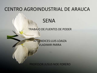 CENTRO AGROINDUSTRIAL DE ARAUCA SENA TRABAJO DE:FUENTES DE PODER APRENDICES:LUIS LOAIZA VLADIMIR PARRA PROFESOR:JUSUS NOE FORERO 