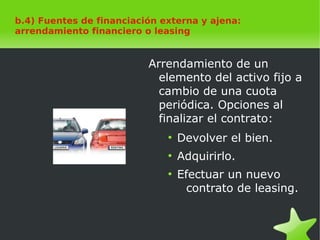    
b.4) Fuentes de financiación externa y ajena:
arrendamiento financiero o leasing
Arrendamiento de un
elemento del activo fijo a
cambio de una cuota
periódica. Opciones al
finalizar el contrato:
●
Devolver el bien.
●
Adquirirlo.
●
Efectuar un nuevo
contrato de leasing.
 