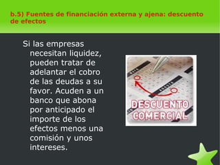    
b.5) Fuentes de financiación externa y ajena: descuento
de efectos
Si las empresas
necesitan liquidez,
pueden tratar de
adelantar el cobro
de las deudas a su
favor. Acuden a un
banco que abona
por anticipado el
importe de los
efectos menos una
comisión y unos
intereses.
 