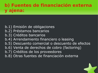    
b) Fuentes de financiación externa
y ajena:
b.1) Emisión de obligaciones
b.2) Préstamos bancarios
b.3) Créditos bancarios
b.4) Arrendamiento financiero o leasing
b.5) Descuento comercial o descuento de efectos
b.6) Venta de derechos de cobro (factoring)
b.7) Créditos de los proveedores
b.8) Otras fuentes de financiación externa
 