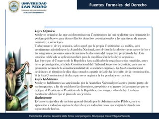 Fuentes Formales del Derecho




     Leyes Orgánicas
     Son leyes orgánicas las que así denomina esta Constitución; las que se dicten para organizar los
     poderes públicos o para desarrollar los derechos constitucionales y las que sirvan de marco
     normativo a otras leyes.
     Todo proyecto de ley orgánica, salvo aquel que la propia Constitución así califica, será
     previamente admitido por la Asamblea Nacional, por el voto de las dos terceras partes de los y
     las integrantes presentes antes de iniciarse la discusión del respectivo proyecto de ley. Esta
     votación calificada se aplicará también para la modificación de las leyes orgánicas.
     Las leyes que el Congreso de la Republica haya calificado de orgánicas serán remitidas, antes
     de su promulgación, a la Sala Constitucional del Tribunal Supremo de Justicia, para que se
     pronuncie acerca de la constitucionalidad de su carácter orgánico. La Sala Constitucional
     decidirá en el término de diez días contados a partir de la fecha de recibo de la comunicación.
     Si la Sala Constitucional declara que no es orgánica la ley perderá este carácter.
     Leyes Habilitantes
     Son leyes habilitantes las sancionadas por la Asamblea Nacional por las tres quintas partes de
     sus integrantes, a fin de establecer las directrices, propósitos y el marco de las materias que se
     delegan al Presidente o Presidenta de la República, con rango y valor de ley. Las leyes
     habilitantes deben fijar el plazo de su ejercicio.
     Reglamentos:
     Es la norma jurídica de carácter general dictada por la Administración Pública, para su
     aplicación a todos los sujetos de derecho y en todos los casos que caigan dentro de sus
     supuestos de hecho.

Pablo Santos Miranda, Jaqueline Matta Torres, Luis Iparraguirre Alburqueque ,Clever Villajulca Valverde
 