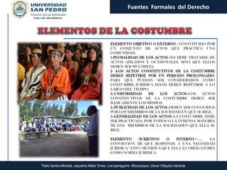 Fuentes Formales del Derecho




                                                 ELEMENTO OBJETIVO O EXTERNO.- CONSTITUIDO POR
                                                 UN CONJUNTO DE ACTOS QUE PRACTICA UNA
                                                 COMUNIDAD.
                                                 1-PLURALIDAD DE LOS ACTOS.-NO DEBE TRATARSE DE
                                                 ACTOS AISLADOS Y OCASIONALES, SINO QUE ELLOS
                                                 DEBEN SER MULTIPLES.
                                                 2 -LOS ACTOS CONSTITUTIVOS DE LA COSTUMBRE
                                                 DEBEN REPETIRSE POR UN PERIODO PROLONGADO.
                                                 PARA QUE PUEDAN SER CONSIDERADOS COMO
                                                 COSTUMBRE JURIDICA ELLOS DEBEN REPETIRSE A LO
                                                 LARGO DEL TIEMPO.
                                                 3.-UNIFORMIDAD    DE   LOS    ACTOS.-LOS  ACTOS
                                                 CONSTITUTIVOS DE LA COSTUMBRE DEBEN SER
                                                 BASICAMENTE LOS MISMOS.
                                                 4.-PUBLICIDAD DE LOS ACTOS.-DEBEN SER CONOCIDOS
                                                 POR LOS MIEMBROS DE LA SOCIEDAD EN QUE SE RIGE.
                                                 5.-GENERALIDAD DE LOS ACTOS.-LA COSTUMBRE DEBE
                                                 SER PRACTICADA POR TODOS O LA INMENSA MAYORIA
                                                 DE LOS MIEMBROS DE LA SOCIEDADEN QUE ELLA SE
                                                 RIGE.

                                                 ELEMENTO     SUBJETIVO    O    INTERNO.-“……   LA
                                                 CONVICCION DE QUE RESPONDE A UNA NECESIDAD
                                                 JURIDICA” ESTO SIGNIFICA QUE ELLA ES OBLIGATORIA
                                                 COMO NORMA JURIDICA.


Pablo Santos Miranda, Jaqueline Matta Torres, Luis Iparraguirre Alburqueque ,Clever Villajulca Valverde
 