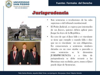 Fuentes Formales del Derecho




                                              •     Son sentencias o resoluciones de las salas
                                                    supremas o del tribunal constitucional.
                                              •     El Poder Judicial, se expresa por intermedio
                                                    de sus Jueces, quienes deben aplicar para
                                                    Juzgar las leyes de la República.
                                              •     En caso de que el Juez falle y es vinculante
                                                    se tiene que cumplir y cuando falla y dice
                                                    que no es vinculante no son obligatorias.
                                                    En consecuencia a sentencias similares
                                                    dictadas en un caso similar o parecido a
                                                    estas    sentencias   se    le    denomina
                                                    JURISPRUDENCIA y a falta de
                                                    jurisprudencia se debe recurrir a las
                                                    Doctrinas más recibidas, pero, nunca el Juez
                                                    puede dejar de Sentenciar.


Pablo Santos Miranda, Jaqueline Matta Torres, Luis Iparraguirre Alburqueque ,Clever Villajulca Valverde
 