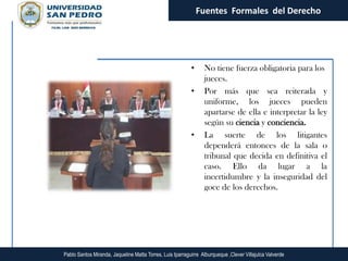 Fuentes Formales del Derecho




                                                           •     No tiene fuerza obligatoria para los
                                                                 jueces.
                                                           •     Por más que sea reiterada y
                                                                 uniforme, los jueces pueden
                                                                 apartarse de ella e interpretar la ley
                                                                 según su ciencia y conciencia.
                                                           •     La suerte de los litigantes
                                                                 dependerá entonces de la sala o
                                                                 tribunal que decida en definitiva el
                                                                 caso. Ello da lugar a la
                                                                 incertidumbre y la inseguridad del
                                                                 goce de los derechos.




Pablo Santos Miranda, Jaqueline Matta Torres, Luis Iparraguirre Alburqueque ,Clever Villajulca Valverde
 