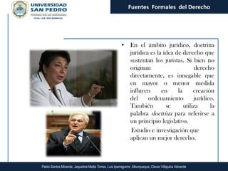 Fuentes Formales del Derecho




                                                         • En el ámbito jurídico, doctrina
                                                           jurídica es la idea de derecho que
                                                           sustentan los juristas. Si bien no
                                                           originan                      derecho
                                                           directamente, es innegable que
                                                           en mayor o menor medida
                                                           influyen      en     la      creación
                                                           del     ordenamiento         jurídico.
                                                           También         se      utiliza     la
                                                           palabra doctrina para referirse a
                                                           un principio legislativo.
                                                            Estudio e investigación que
                                                           aplican un mejor derecho.



Pablo Santos Miranda, Jaqueline Matta Torres, Luis Iparraguirre Alburqueque ,Clever Villajulca Valverde
 