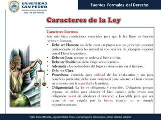 Fuentes Formales del Derecho




                 Caracteres Internos
                 Son más bien condiciones esenciales para que la ley llene su función
                 rectora y humana.
                 • Debe ser Honesta: no debe estar en pugna con un principio superior
                     perteneciente al derecho natural ni con una ley de jerarquía superior
                     con el Derecho positivo.
                 • Debe ser Justa: porque se ordena al bien común.
                 • Debe ser Posible: no debe exigir actos heroicos.
                 • Adecuada a las costumbres del lugar y conveniente en el tiempo.
                 • Debe ser Clara.
                 • Provechosa: estatuida para utilidad de los ciudadanos y no para
                     beneficio particular; debe estar orientada para obtener el bien común
                     en armonía con la seguridad y la justicia.
                 • Obligatoriedad: La ley es obligatoria y coercible. Obligatoria porque
                     impone un deber para obtener el bien común; debe existir una
                     obligación moral de obedecer el derecho; y Coercible para que sea
                     capaz de ser exigida por la fuerza cuando no se cumple
                     espontáneamente.


Pablo Santos Miranda, Jaqueline Matta Torres, Luis Iparraguirre Alburqueque ,Clever Villajulca Valverde
 