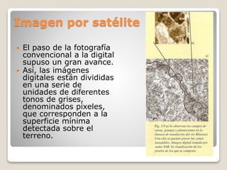 Imagen por satélite
 El paso de la fotografía
convencional a la digital
supuso un gran avance.
 Así, las imágenes
digitales están divididas
en una serie de
unidades de diferentes
tonos de grises,
denominados pixeles,
que corresponden a la
superficie mínima
detectada sobre el
terreno.
 