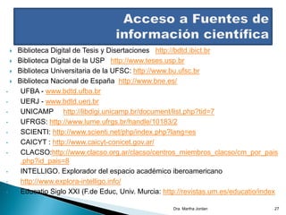  Biblioteca Digital de Tesis y Disertaciones http://bdtd.ibict.br
 Biblioteca Digital de la USP http://www.teses.usp.br
 Biblioteca Universitaria de la UFSC: http://www.bu.ufsc.br
 Biblioteca Nacional de España http://www.bne.es/
• UFBA - www.bdtd.ufba.br
• UERJ - www.bdtd.uerj.br
• UNICAMP http://libdigi.unicamp.br/document/list.php?tid=7
• UFRGS: http://www.lume.ufrgs.br/handle/10183/2
• SCIENTI: http://www.scienti.net/php/index.php?lang=es
• CAICYT : http://www.caicyt-conicet.gov.ar/
• CLACSO:http://www.clacso.org.ar/clacso/centros_miembros_clacso/cm_por_pais
.php?id_pais=8
• INTELLIGO. Explorador del espacio académico iberoamericano
• http://www.explora-intelligo.info/
• Educatio Siglo XXI (F.de Educ, Univ. Murcia: http://revistas.um.es/educatio/index
Dra. Martha Jordan 27
 