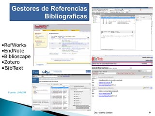 Gestores de Referencias
Bibliograficas
•RefWorks
•EndNote
•Biblioscape
•Zotero
•BibText
Fuente: UNMSM
Dra. Martha Jordan 44
 