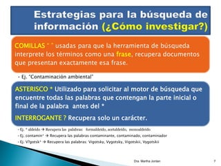 COMILLAS “ ” usadas para que la herramienta de búsqueda
interprete los términos como una frase, recupera documentos
que presentan exactamente esa frase.
• Ej. “Contaminación ambiental”
ASTERISCO * Utilizado para solicitar al motor de búsqueda que
encuentre todas las palabras que contengan la parte inicial o
final de la palabra antes del *
INTERROGANTE ? Recupera solo un carácter.
•Ej. * aldeído  Recupera las palabras: formaldeído, acetaldeído, monoaldeído
•Ej. contamin*  Recupera las palabras contaminante, contaminado, contaminador
•Ej. V?gotsk*  Recupera las palabras: Vigotsky, Vygotsky, Vigotskii, Vygotskii
Dra. Martha Jordan 7
 