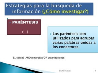  Los parêntesis son utilizados para agrupar
varias palabras unidas por los conectivos
 Los paréntesis son
utilizados para agrupar
varias palabras unidas a
los conectores.
 PARÉNTESIS
( )
Ej. calidad AND (empresas OR organizaciones)
Dra. Martha Jordan 8
 