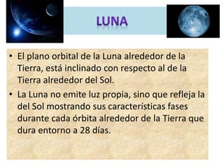 • El plano orbital de la Luna alrededor de la
Tierra, está inclinado con respecto al de la
Tierra alrededor del Sol.
• La Luna no emite luz propia, sino que refleja la
del Sol mostrando sus características fases
durante cada órbita alrededor de la Tierra que
dura entorno a 28 días.
 