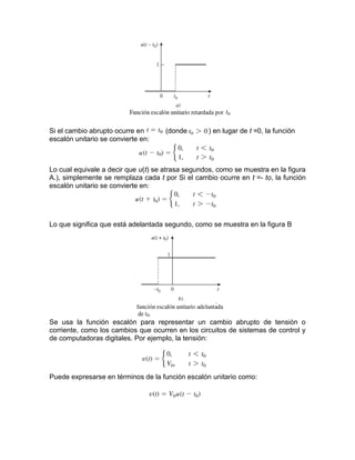 Si el cambio abrupto ocurre en (donde ) en lugar de t =0, la función
escalón unitario se convierte en:
Lo cual equivale a decir que u(t) se atrasa segundos, como se muestra en la figura
A.), simplemente se remplaza cada t por Si el cambio ocurre en t =- to, la función
escalón unitario se convierte en:
Lo que significa que está adelantada segundo, como se muestra en la figura B
Se usa la función escalón para representar un cambio abrupto de tensión o
corriente, como los cambios que ocurren en los circuitos de sistemas de control y
de computadoras digitales. Por ejemplo, la tensión:
Puede expresarse en términos de la función escalón unitario como:
 