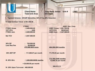Client Name : Jose Rene Jereza Unit # : 2407 Total Unit Area : 65.5 sqm. I.  Payment Scheme : 30%DP (6months), 50% 5 Yrs.,20% Retention II. Total Contract Value: 3,781,750.58 FTRDC FTRDC Gross : 2,400,000.00 VAT (0%)  :  0.00 FTRDC Amt.  : 2,400,000.00 Net TCV   : 3,947,560.65 30% DP    :  720,000.00 Less Res.Fee  :   50,000.00   670,000.00/6 mons 30% NET DP  :  111,666.67 per month  III. 50% M.A.  :  1,200,000.00/60 months   = 20,000.00 per month IV. 20% Upon Turn-over : 480,000.00 ASEC Dev. Corp. ASEC Gross : 1,381,750.58 VAT(12%)  :  165,810.07 ASEC Amt.  : 1,547,560.65 464,268.20/6 months 77,378.03 per month 773,780.33/60 months 12,896.34 per month 309,512.13 
