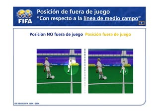 Posición de fuera de juego
   “Con respecto a la línea de medio campo”
                                                     9




Posición NO fuera de juego Posición fuera de juego
 