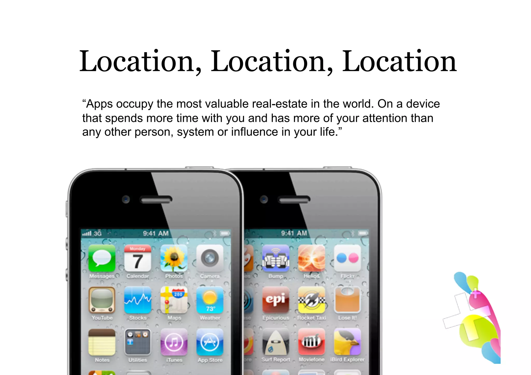 Location, Location, Location
“Apps occupy the most valuable real-estate in the world. On a device
that spends more time with you and has more of your attention than
any other person, system or influence in your life.”
 