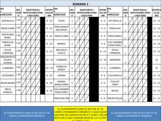 SEMANA 1
DIA           DES-   RESISTENCIA /     INTERV DIA                DES-   RESISTENCIA /     INTERV DIA               DES-   RESISTENCIA /   INTERVA
1._________   CANS REPETICIONES PARA   ALO DE 2._________        CANS REPETICIONES PARA   ALO DE 3._________       CANS REPETICIONES PARA   LO DE
EJERCICIOS:    O      CADA SERIE         RM EJERCICIOS:           O      CADA SERIE         RM EJERCICIOS:          O      CADA SERIE        RM

 SENTADILLA 1´30´                      8 - 10       TIJERA        3                        4-6      EXT RODILLA                           13 - 15
            ´                                                                                                       1´
                                                 PRESS BANCA
PRESS PLANO 1´30´                      8 - 10                     3                        4-6       PARALELAS                            13 - 15
            ´                                     INCLINADA                                                         1´
 APERTURAS 1´30´
                                       8 - 10    PRESS PLANO      3                        4-6      PRESS BANCA                           13 - 15
   MANC.   ´                                                                                                        1´
 PARALELAS 1´30´                                                                                    FLEX HOMBRO
                                       8 - 10       BARRAS        3                        4-6                                            13 - 15
   MANC.   ´                                                                                        TODAS DIREC. 1´
   POLEA      1´30´                               ABD DISCO                                            POLEA
                                       8 - 10                     3                       8 - 10                                          13 - 15
 CERRADAS     ´                                    CUELLO                                            CERRADAS       1´
ABDOMINALES
  PUENTE    1´30´                      10 - 12    LUMBARES        3                       15 - 20    ABDOMEN                                15
  LATERAL ´                                                                                                         1´
                                                   SUBIDA AL
 LUMBARES 1´30´                        20 - 25                    3                        4-6       LUMBARES                               25
          ´                                         BANCO                                                           1´

 ESTOCADAS 1´30´                       8 - 10       CABINA        3                        4-6      FLEX RODILLA                          13 - 15
           ´                                                                                                        1´
                                                  BARRAS                                              FLEX-EXT
BICEPS BARRA 1´30´                     8 - 10                     3                        4-6                                            13 - 15
             ´                                   MANCUERNA                                             CODO         1´
   PRESS      1´30´                              FLEX HOMBRO
                                       8 - 10                     3                        4-6         BICEPS                             13 - 15
  FRANCES     ´                                  TODAS DIREC.                                                       1´

                                                 PRESS MILITAR    3                        4 - 6 TRICEPS POLEA                            13 - 15
                                                                                                                    1´


                                                    EL CALENTAMIENTO DEBE DE SER CON 10´ DE
   EL CALENTAMIENTO DEBE DE SER CON 10´ DE       CARDIO, ESTIRAMIENTO DINAMICO Y LUEGO HACER          EL CALENTAMIENTO DEBE DE SER CON 10´ DE
        CARDIO, ESTIRAMIENTO DINAMICO            UNA SERIE DEL EJERCICIO ENTRE 6 Y 10 REP. CON UN          CARDIO, ESTIRAMIENTO DINAMICO
                                                 PESO CON EL QUE PUDIERAN HACER DE 12 A 15 REP.
 