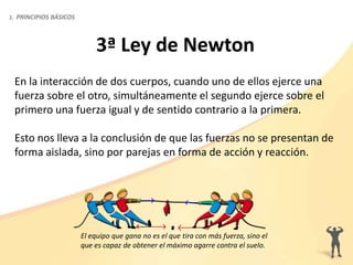 3ª Ley de Newton
En la interacción de dos cuerpos, cuando uno de ellos ejerce una
fuerza sobre el otro, simultáneamente el segundo ejerce sobre el
primero una fuerza igual y de sentido contrario a la primera.
Esto nos lleva a la conclusión de que las fuerzas no se presentan de
forma aislada, sino por parejas en forma de acción y reacción.
El equipo que gana no es el que tira con más fuerza, sino el
que es capaz de obtener el máximo agarre contra el suelo.
1. PRINCIPIOS BÁSICOS
 