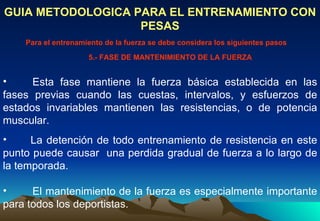 Esta fase mantiene la fuerza básica establecida en las fases previas cuando las cuestas, intervalos, y esfuerzos de estados invariables mantienen las resistencias, o de potencia muscular.  GUIA METODOLOGICA PARA EL ENTRENAMIENTO CON PESAS Para el entrenamiento de la fuerza se debe considera los siguientes pasos 5.- FASE DE MANTENIMIENTO DE LA FUERZA La detención de todo entrenamiento de resistencia en este punto puede causar  una perdida gradual de fuerza a lo largo de la temporada.  El mantenimiento de la fuerza es especialmente importante para todos los deportistas.  