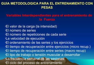 GUIA METODOLOGICA PARA EL ENTRENAMIENTO CON PESAS Variables Interdependientes para el entrenamiento de la  Fuerza El valor de la carga (la intensidad)  El número de series  El número de repeticiones de cada serie  La velocidad de ejecución  El ordenamiento de las series y los ejercicios  El tiempo de recuperación entre ejercicios (micro recup.)  El tiempo de recuperación entre series (macro recup)  El tipo de trabajo o tensión muscular a desarrollar  La frecuencia semanal de las sesiones  El ciclo del proceso de entrenamiento  