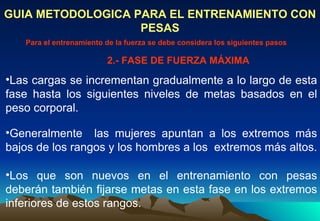 GUIA METODOLOGICA PARA EL ENTRENAMIENTO CON PESAS Las cargas se incrementan gradualmente a lo largo de esta fase hasta los siguientes niveles de metas basados en el peso corporal.  Para el entrenamiento de la fuerza se debe considera los siguientes pasos Generalmente  las mujeres apuntan a los extremos más bajos de los rangos y los hombres a los  extremos más altos. Los que son nuevos en el entrenamiento con pesas deberán también fijarse metas en esta fase en los extremos inferiores de estos rangos. 2.- FASE DE FUERZA MÁXIMA 