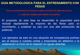 El propósito de esta fase es desarrollar la capacidad para reclutar rápidamente la mayoría de las fibras para un movimiento, y sostener su uso con una alta producción de potencia.  GUIA METODOLOGICA PARA EL ENTRENAMIENTO CON PESAS Para el entrenamiento de la fuerza se debe considera los siguientes pasos 3.- FASE DE FUERZA EXPLOSIVA O ELASTICA Los ejemplos de esto en una situación de competencia podrían ser el ataque a cuestas cortas y empinadas en atletismo o la aceleración al inicio de la natación en aguas abierta s. 