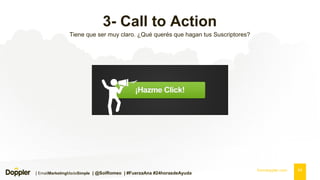 3- Call to Action
Tiene que ser muy claro. ¿Qué querés que hagan tus Suscriptores?

| EmailMarketingMadeSimple | @SolRomeo | #FuerzaAna #24horasdeAyuda

fromdoppler.com

04

 