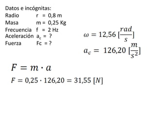 Datos e incógnitas:Radio 		r   =  0,8 mMasa		m =  0,25 KgFrecuencia 	f   =  2 HzAceleración  ac =  ?Fuerza           Fc  = ?