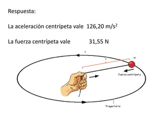 Respuesta:La aceleración centrípeta vale  126,20 m/s2La fuerza centrípeta vale		31,55 N  