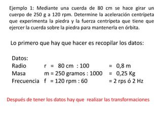 Ejemplo 1: Mediante una cuerda de 80 cm se hace girar un cuerpo de 250 g a 120 rpm. Determine la aceleración centrípeta que experimenta la piedra y la fuerza centrípeta que tiene que ejercer la cuerda sobre la piedra para mantenerla en órbita.Lo primero que hay que hacer es recopilar los datos:Datos:Radio 		r   =   80 cm	: 100 		=   0,8 mMasa		m = 250 gramos : 1000	=   0,25 KgFrecuencia 	f   = 120 rpm : 60		= 2 rps ó 2 HzDespués de tener los datos hay que  realizar las transformaciones