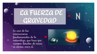 10
LA FUERZA DE
GRAVEDAD
Es una de las
interacciones
fundamentales de la
naturaleza, que hace que
cuerpos dotados de masa
se atraen entre sí.
N
 