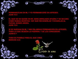 PERMANEZCAN EN MI, Y YO PERMANECERÉ EN USTEDES.
JUAN 15:4
EL QUE NO SE QUEDE EN MÍ, SERÁ ARROJADO AFUERA Y SE SECARÁ
COMO RAMAS MUERTAS: HAY QUE RECOGERLAS Y ECHARLAS AL
FUEGO, DONDE ARDEN.
JUAN 15:6
SI SE QUEDAN EN MI, Y MIS PALABRAS PERMANECEN EN USTEDES,
TODO LO QUE DESEEN LO PEDIRÁN, Y SE LES CONCEDERÁ.
JUAN15:7
TODO ES POSIBLE PARA EL QUE CREE.
MARCOS 9:23
 