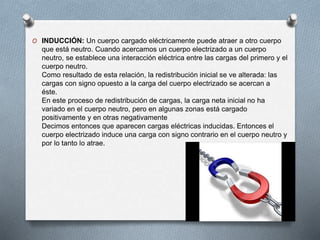 O INDUCCIÓN: Un cuerpo cargado eléctricamente puede atraer a otro cuerpo
que está neutro. Cuando acercamos un cuerpo electrizado a un cuerpo
neutro, se establece una interacción eléctrica entre las cargas del primero y el
cuerpo neutro.
Como resultado de esta relación, la redistribución inicial se ve alterada: las
cargas con signo opuesto a la carga del cuerpo electrizado se acercan a
éste.
En este proceso de redistribución de cargas, la carga neta inicial no ha
variado en el cuerpo neutro, pero en algunas zonas está cargado
positivamente y en otras negativamente
Decimos entonces que aparecen cargas eléctricas inducidas. Entonces el
cuerpo electrizado induce una carga con signo contrario en el cuerpo neutro y
por lo tanto lo atrae.
 