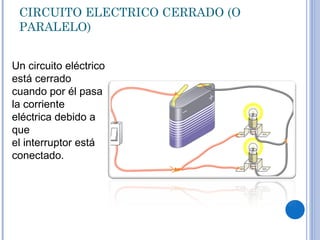 CIRCUITO ELECTRICO CERRADO (O PARALELO) Un circuito eléctrico está cerrado cuando por él pasa la corriente eléctrica debido a que el interruptor está conectado. 