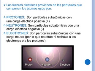 Las fuerzas eléctricas provienen de las partículas que componen los átomos esos son: PROTONES:    Son partículas subatómicas con una carga eléctrica positiva   (+) NEUTRONES:  Son partículas subatómicas con una carga eléctrica negativa (-) ELECTRONES:  Son partículas subatómicas con una carga neutra (por lo que no atrae ni rechaza a los electrones o a los protones).    