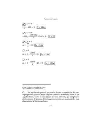 Fuerzas en el espacio
157
NOTAS DEL CAPÍTULO VI
(1
) La noción más general, que resulta de una extrapolación del con-
cepto prístino, consiste en un conjunto ordenado de número reales. Y en
Álgebra lineal, vector es una entidad aún más abstracta, que cumple con
cierto número de axiomas. Pero tales concepciones no resultan útiles para
el estudio de la Mecánica clásica.
 