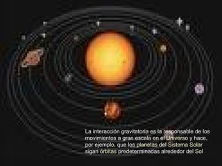 La interacción gravitatoria es la responsable de los movimientos a gran escala en el  Universo  y hace, por ejemplo, que los  planetas  del  Sistema Solar  sigan  órbitas  predeterminadas alrededor del  Sol . 