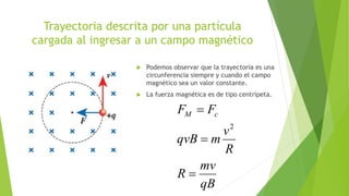 Trayectoria descrita por una partícula
cargada al ingresar a un campo magnético
 Podemos observar que la trayectoria es una
circunferencia siempre y cuando el campo
magnético sea un valor constante.
 La fuerza magnética es de tipo centrípeta.
qB
mv
R
R
v
mqvB
FF cM



2
 