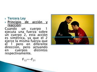 Tercera LeyPrincipio de acción y reacción: Cuando un cuerpo 1 ejecuta una fuerza sobre un cuerpo 2, esta acción es simétrica, ya que el 2 ejerce la misma fuerza que el 1 pero en diferente dirección, pero actuando en cuerpos distintos respectivamente.F12=-F21F12F21