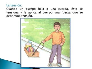 La tensión:Cuando un cuerpo hala a una cuerda, ésta se tensiona y le aplica al cuerpo una fuerza que se denomina tensión.