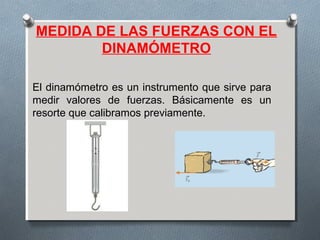 MEDIDA DE LAS FUERZAS CON EL
DINAMÓMETRO
El dinamómetro es un instrumento que sirve para
medir valores de fuerzas. Básicamente es un
resorte que calibramos previamente.
 