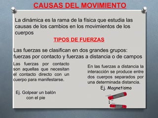 CAUSAS DEL MOVIMIENTO
La dinámica es la rama de la física que estudia las
causas de los cambios en los movimientos de los
cuerpos
TIPOS DE FUERZAS
Las fuerzas se clasifican en dos grandes grupos:
fuerzas por contacto y fuerzas a distancia o de campos
Las fuerzas por contacto
son aquellas que necesitan
el contacto directo con un
cuerpo para manifestarse.
Ej. Golpear un balón
con el pie
En las fuerzas a distancia la
interacción se produce entre
dos cuerpos separados por
una determinada distancia.
Ej. Magnetismo
 