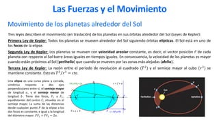 Movimiento de los planetas alrededor del Sol
Las Fuerzas y el Movimiento
Tres leyes describen el movimiento (en traslación) de los planetas en sus órbitas alrededor del Sol (Leyes de Kepler):
Primera Ley de Kepler: Todos los planetas se mueven alrededor del Sol siguiendo órbitas elípticas. El Sol está en uno de
los focos de la elipse.
Segunda Ley de Kepler: Los planetas se mueven con velocidad areolar constante, es decir, el vector posición Ԧ
𝑟 de cada
planeta con respecto al Sol barre áreas iguales en tiempos iguales. En consecuencia, la velocidad de los planetas es mayor
cuando están próximos al Sol (perihelio) que cuando se mueven por las zonas más alejadas (afelio).
Tercera Ley de Kepler: La razón entre el periodo de revolución al cuadrado (𝑇2
) y el semieje mayor al cubo (𝑟3
) se
mantiene constante. Esto es Τ
𝑇2 𝑟3 = cte.
Una elipse es una curva plana y cerrada,
simétrica respecto a dos ejes
perpendiculares entre sí, el semieje mayor
de longitud 𝑎, y el semieje menor de
longitud 𝑏. Tiene dos focos, 𝐹1 y 𝐹2 ,
equidistantes del centro 𝐶, situados en el
semieje mayor. La suma de las distancias
desde cualquier punto 𝑃 de la elipse a los
dos focos es constante, e igual a la longitud
del diámetro mayor: 𝑃𝐹1 + 𝑃𝐹2 = 2𝑎.
 