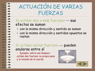ACTUACIÓN DE VARIAS
        FUERZAS
• Si actúan dos o más fuerzas             sus
  efectos se suman
  – con la misma dirección y sentido se suman
  – con la misma dirección y sentidos opuestos se
    restan

• Si actúan varias fuerzas             pueden
  anularse entre sí
  – Ejemplo: sobre una lámpara
  actúan dos fuerzas: su propio peso
  y la tensión de la cuerda
 