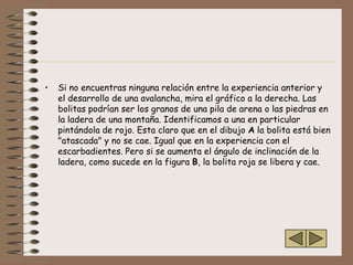 •   Si no encuentras ninguna relación entre la experiencia anterior y
    el desarrollo de una avalancha, mira el gráfico a la derecha. Las
    bolitas podrían ser los granos de una pila de arena o las piedras en
    la ladera de una montaña. Identificamos a una en particular
    pintándola de rojo. Esta claro que en el dibujo A la bolita está bien
    "atascada" y no se cae. Igual que en la experiencia con el
    escarbadientes. Pero si se aumenta el ángulo de inclinación de la
    ladera, como sucede en la figura B, la bolita roja se libera y cae.
 