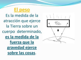 El peso
  Es la medida de la
 atracción que ejerce
  la Tierra sobre un
cuerpo determinado,
  es la medida de la
     fuerza que la
   gravedad ejerce
   sobre las cosas.
 