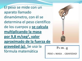 El peso se mide con un
aparato llamado
dinamómetro, con él se
determina el peso científico
de los cuerpos y se calcula
multiplicando la masa
por 9,8 m/seg2, valor
aproximado de la fuerza de
gravedad (g). Se usa la            P= m . g
fórmula matemática         PESO = MASA . GRAVEDAD
 